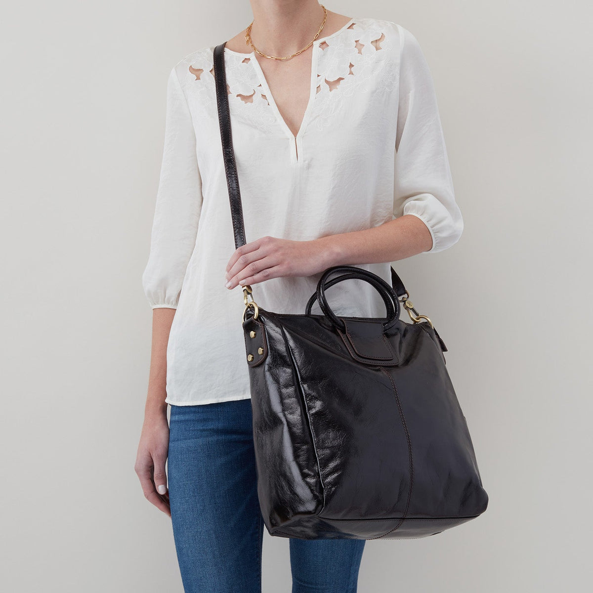 Sheila Large Satchel In Polished Leather - Black | HOBO