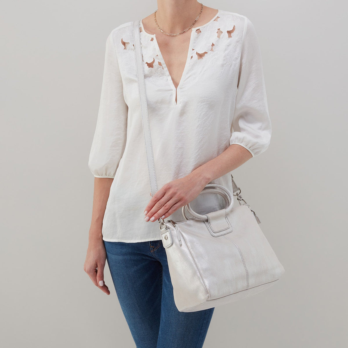 Sheila Medium Satchel In Metallic Leather - Silver | HOBO
