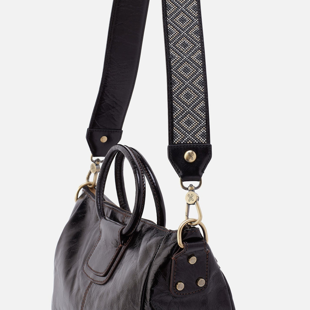 Beaded Guitar Strap In Polished Leather - Black | HOBO