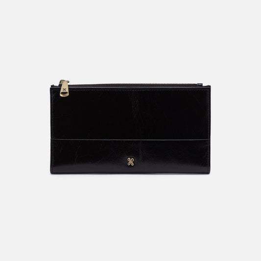 Jill Large Bifold Wallet In Polished Leather - Black | HOBO