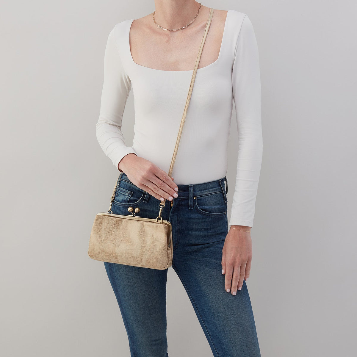 Lauren Frame Crossbody In Metallic Leather - Gold Leaf | HOBO