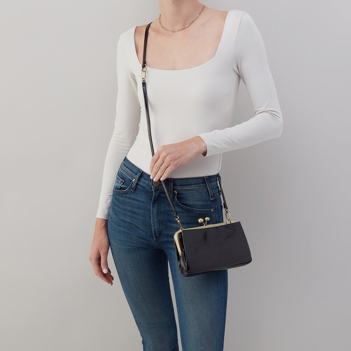 Lauren Frame Crossbody In Polished Leather - Black | HOBO