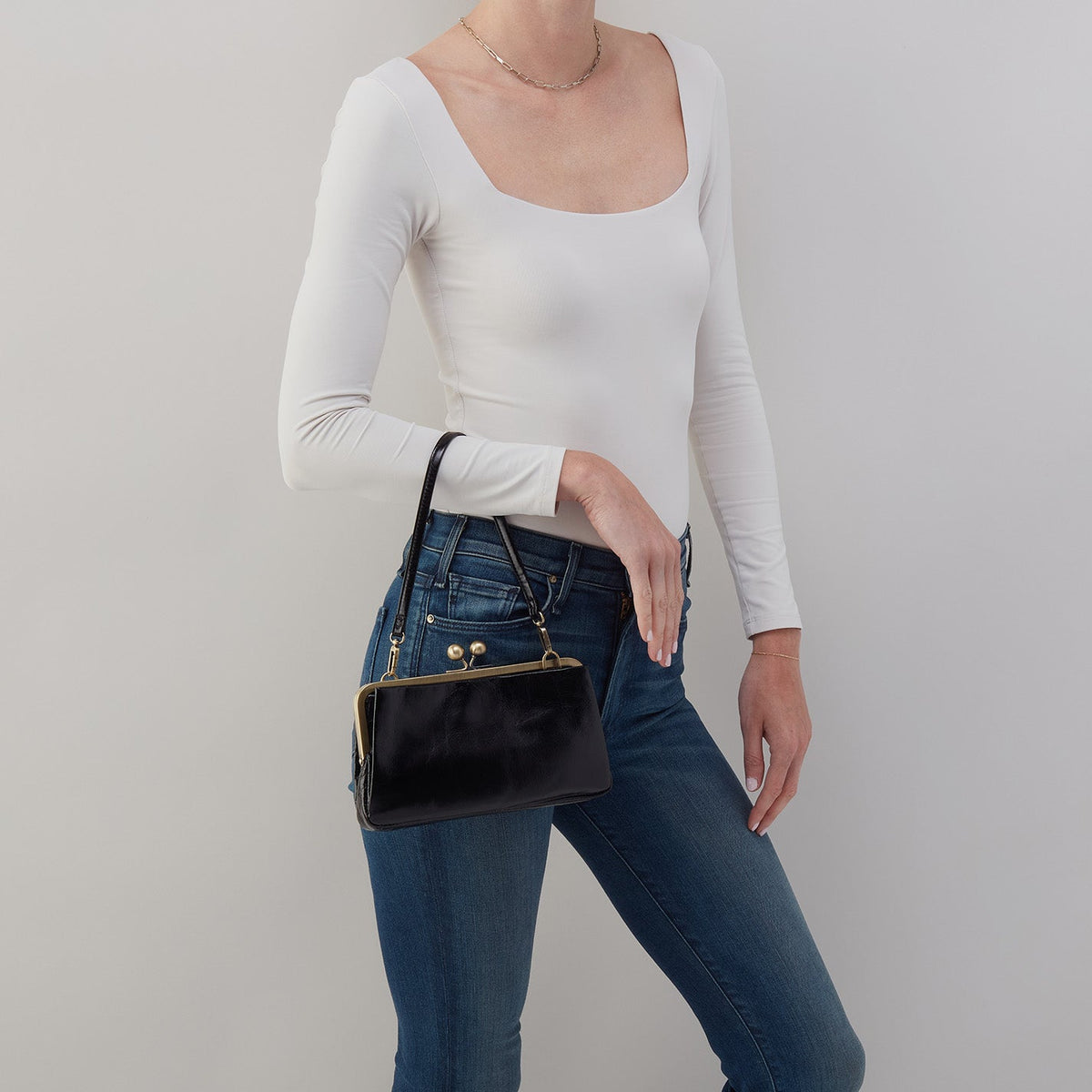 Lauren Frame Crossbody In Polished Leather - Black | HOBO