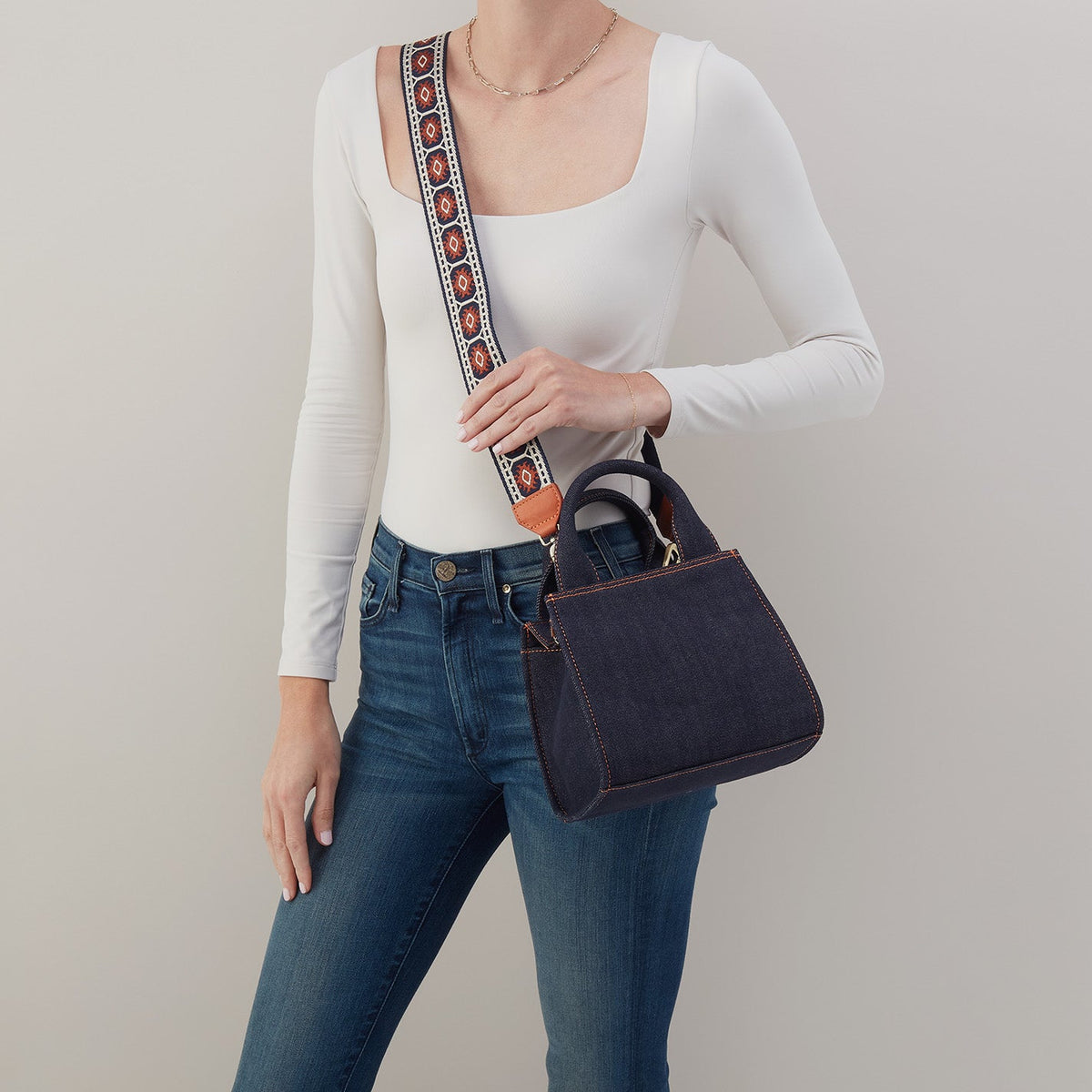 Cass Small Tote In Denim Fabric - Dark Denim | HOBO