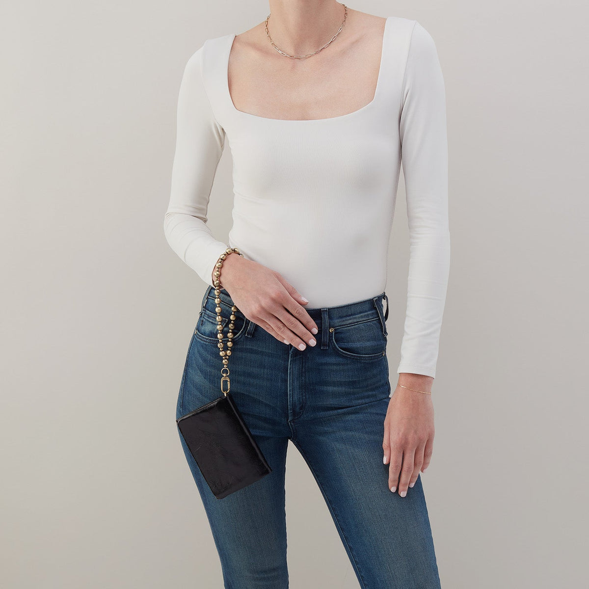 Ross Bead Wristlet In Polished Leather - Black | HOBO