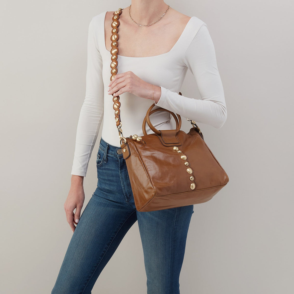 Sheila Medium Satchel In Polished Leather - Truffle With Studs | HOBO