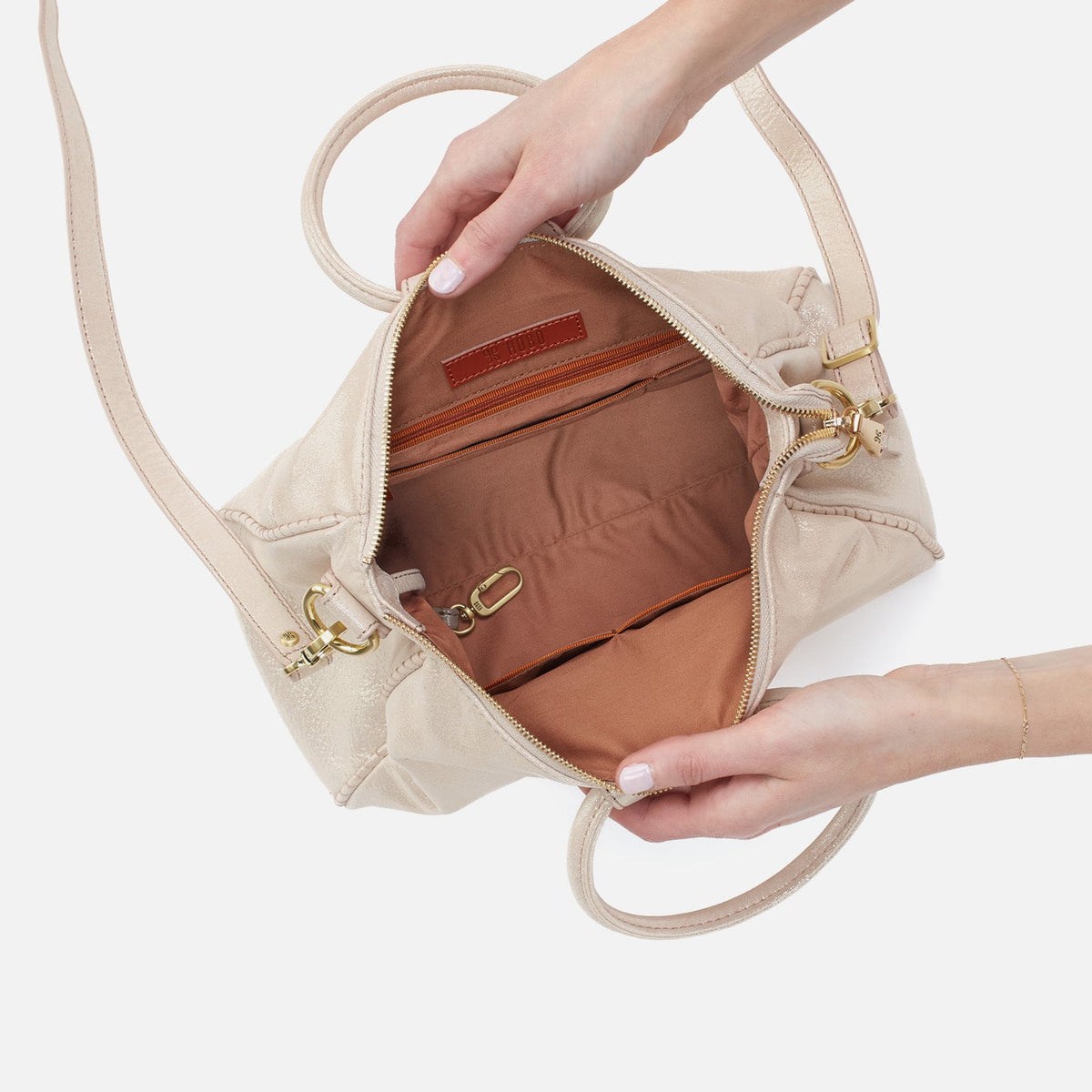 Sheila Medium Satchel In Metallic Leather - Sand Shimmer | HOBO