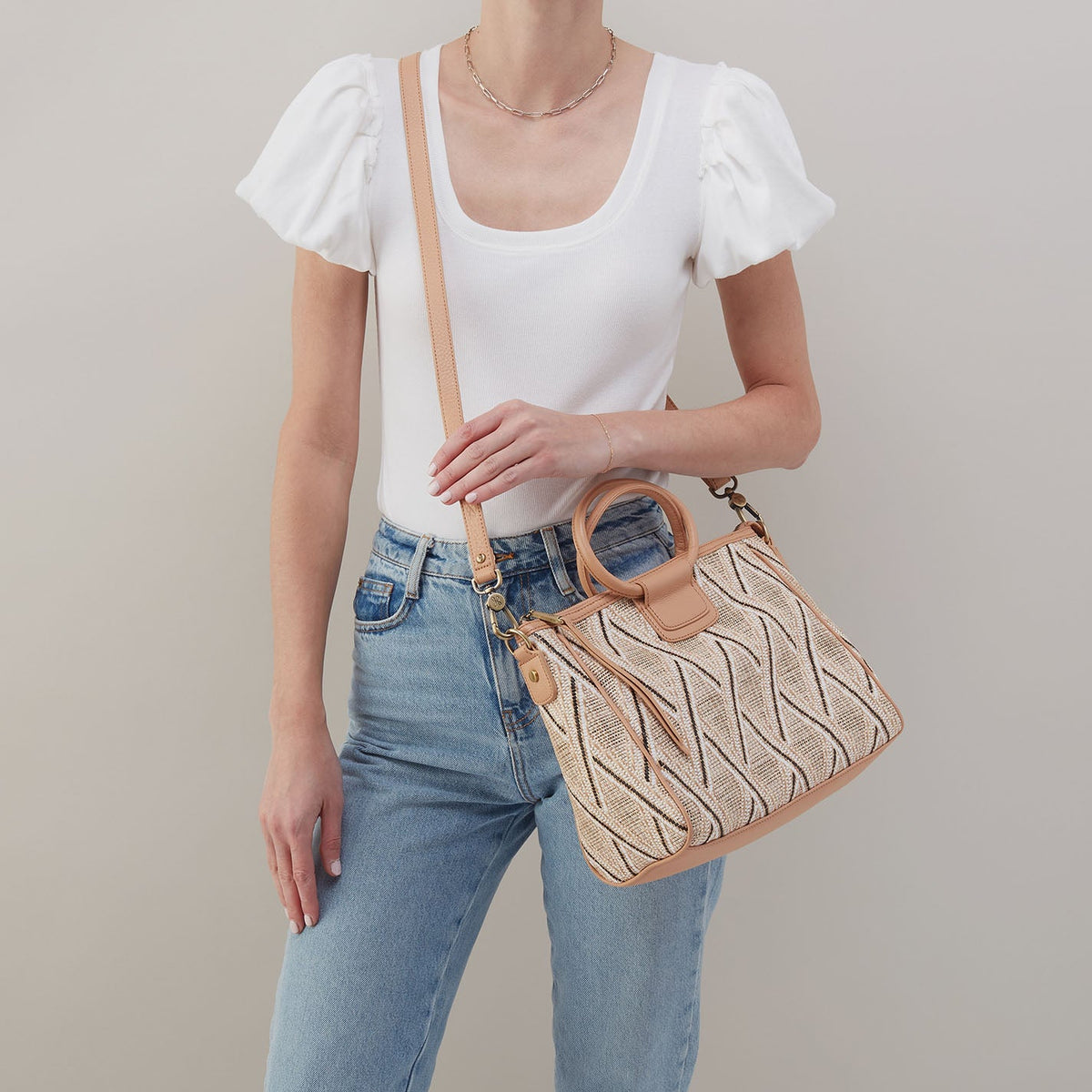 Sheila Medium Satchel In Multi Weave With Leather Trim - Cream Raffia | HOBO