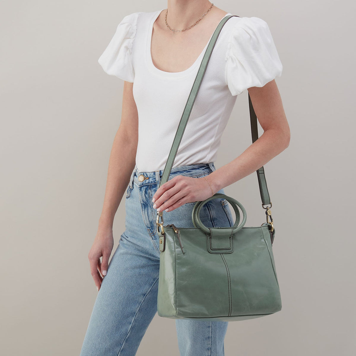 Sheila Medium Satchel In Polished Leather - Jade | HOBO