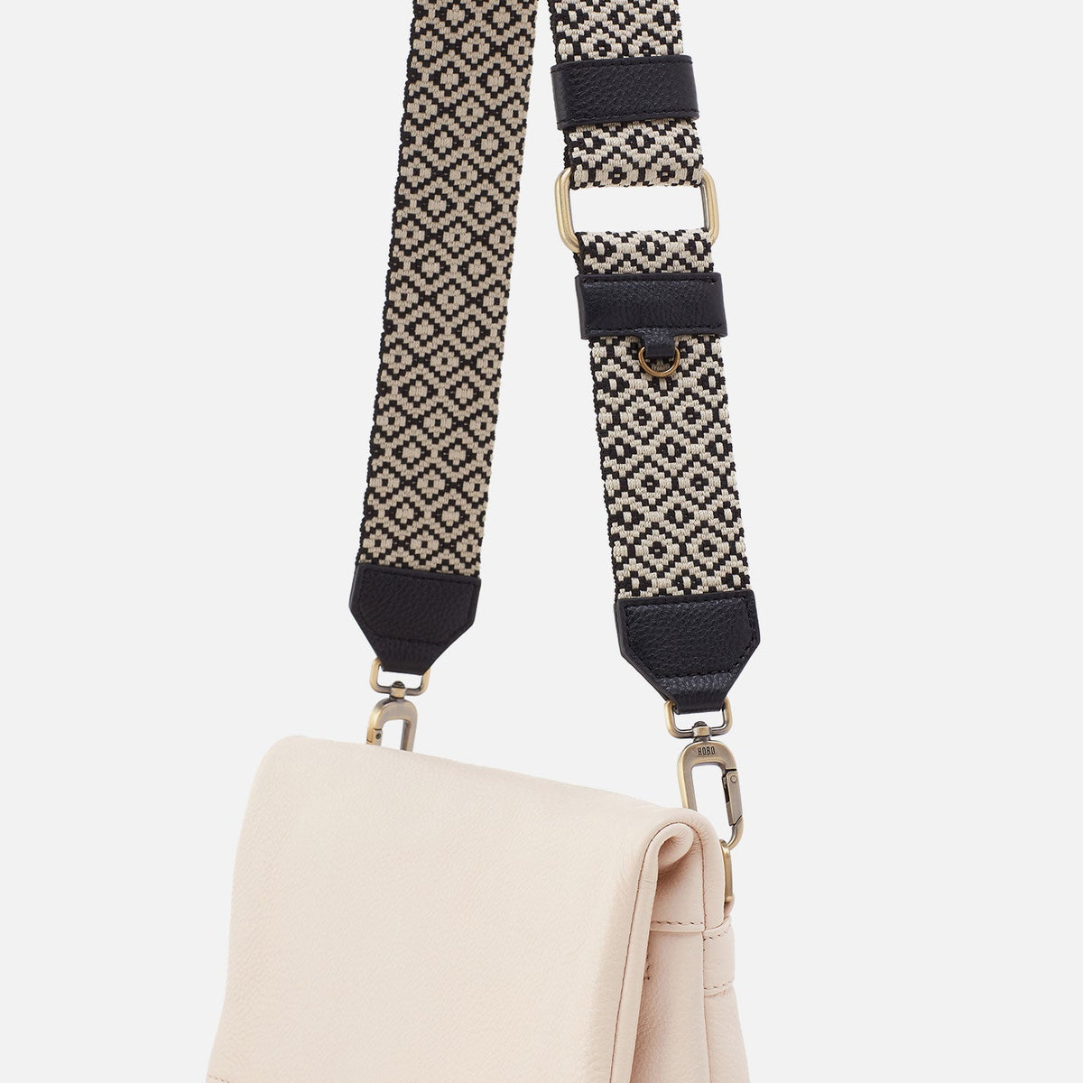 Webbing Strap In Webbing Fabric With Pebbled Leather Trim - Black | HOBO
