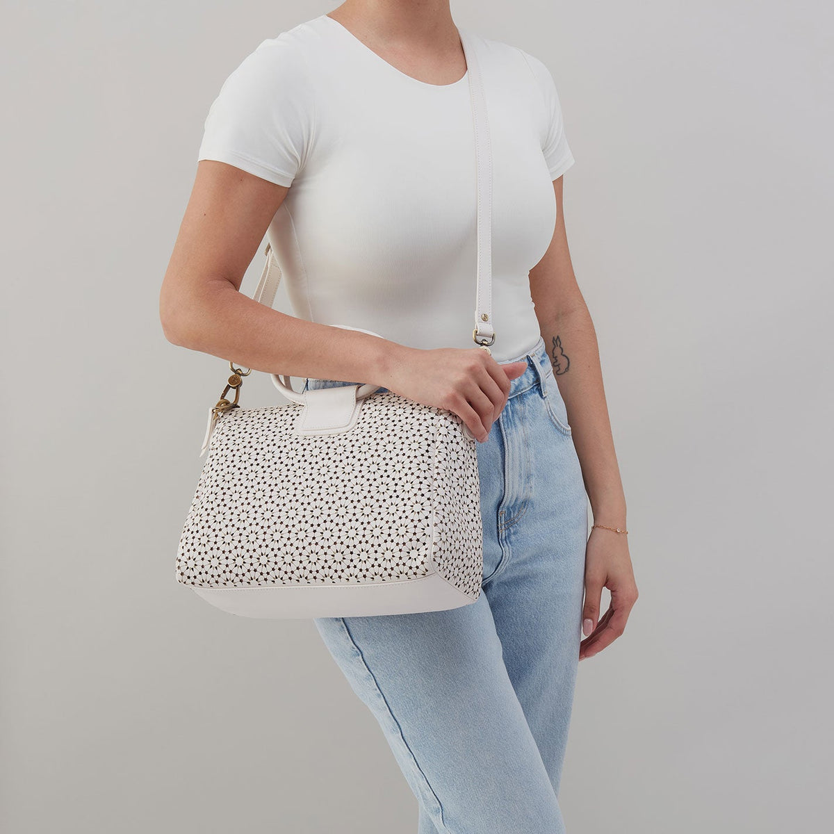 Sheila Medium Satchel In Perforated Leather - Ecru Daisy Perf | HOBO